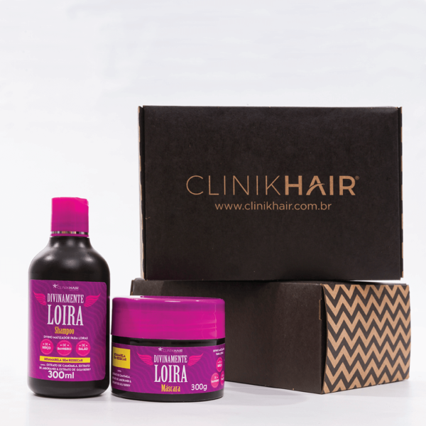 Kit com produtos da linha Divinamente loira. Para você dizer adeus aquele loiro amarelo! Linha exclusiva e poderosa para tratar o seu Mega Hair loiro como ele merece, por meio de super ingredientes como extrato de camomila, extrato de jaborandi & extrato de goji berry. 