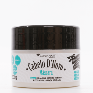 Cabelo D’Novo Máscara- O Ressuscitador de cabelos para nutrir e restaurar os seus fios como ninguém! Para Mega Hair & para Prótese Capilar! Contando com os ativos de ceramidas, extrato de buriti & extrato de linhaça dourada.